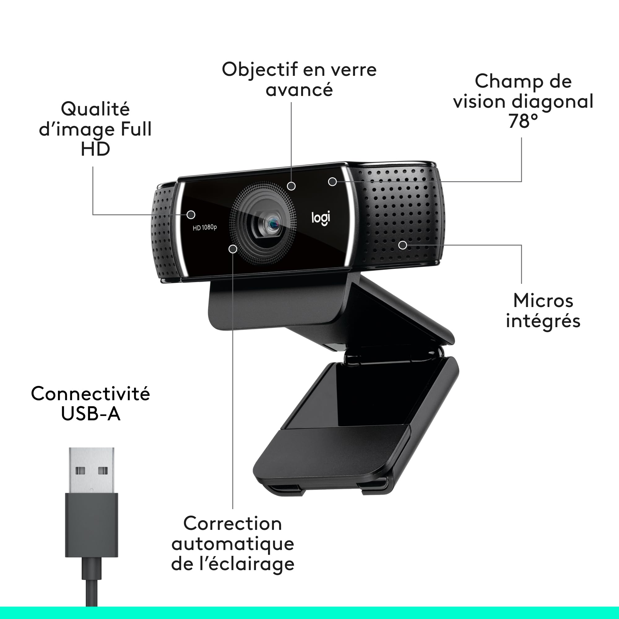 Logitech C922 Pro Stream Webcam, Streaming Ultrarapide HD 1080p/30ips/HD 720p/60ims, Audio Stéréo, Correction HD, Mise au Point Automatique, Youtube, Twitch, Camera PC/Mac/Portable/Macbook/Tablette