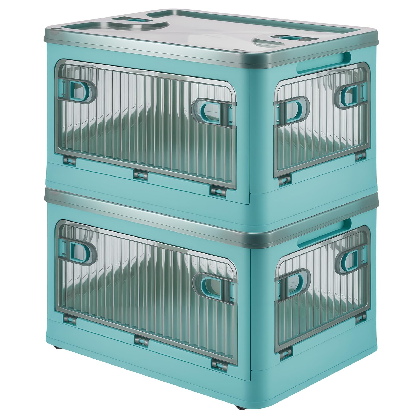 GreenWhim 2 Pack 28L Folding Storage Boxes with Lids and Wheels, Stackable Plastic Organizer Bins with Front Doors for Bedroom Closet Living Room Office (Blue)