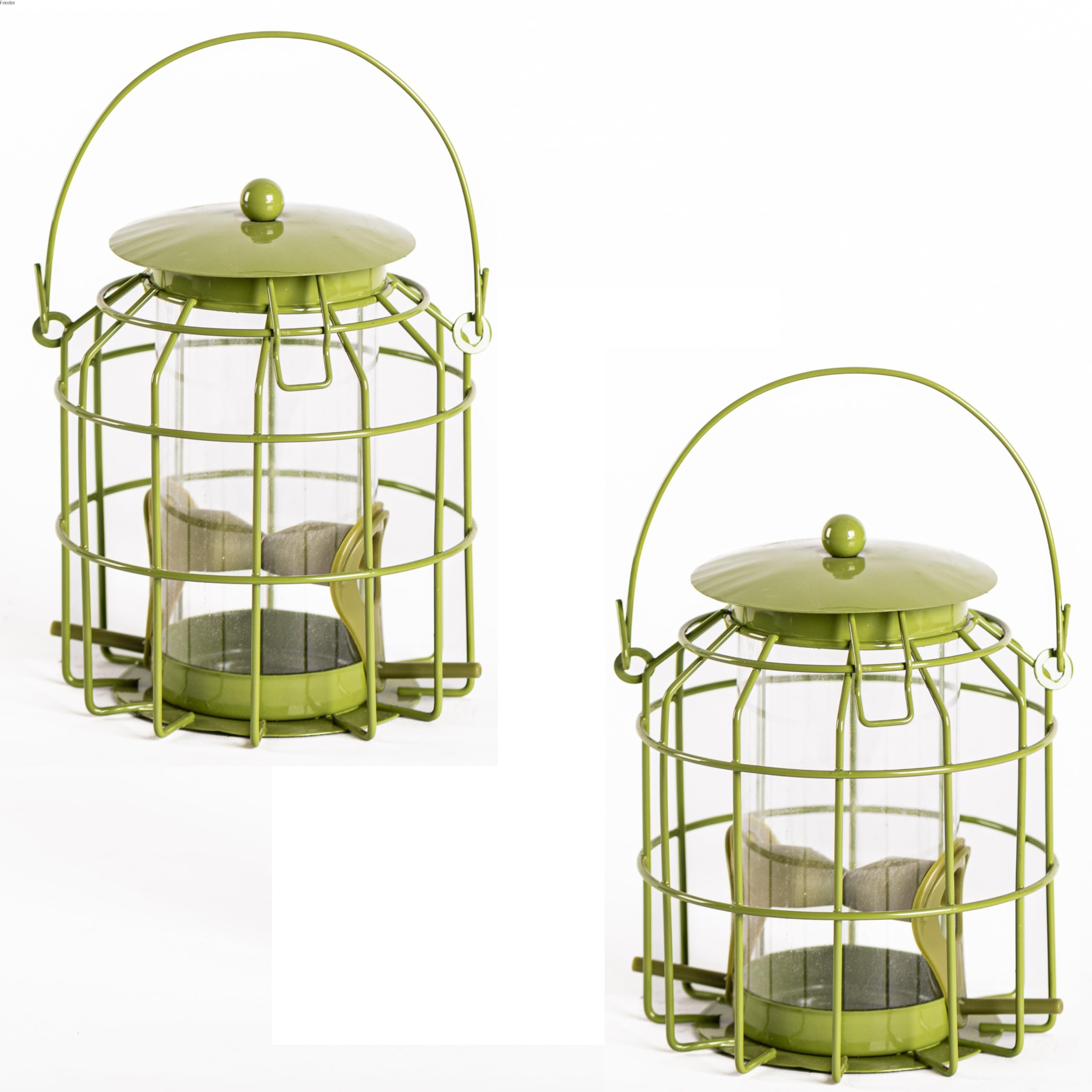 Happy Beaks Mini Squirrel Proof Seed Feeder Sage Green Small Bird Feeder Durable Metal Hanging Garden Feeder for Finches Tits Robins (Feeder x2)