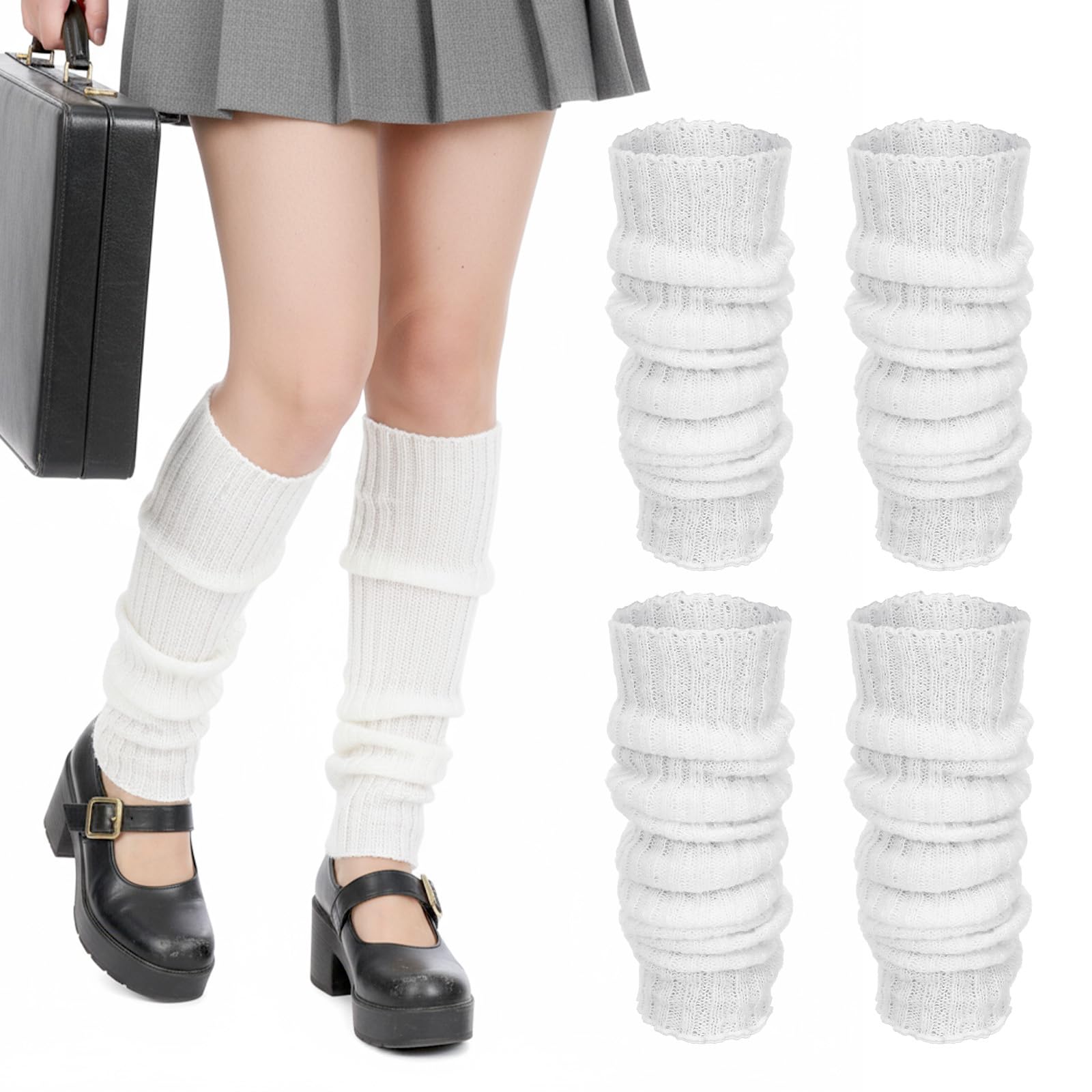 2 Pair Knit Leg Warmers for Women 80s Ribbed Knitted Long Socks Knee High Stretchy Legwarmers for Dance