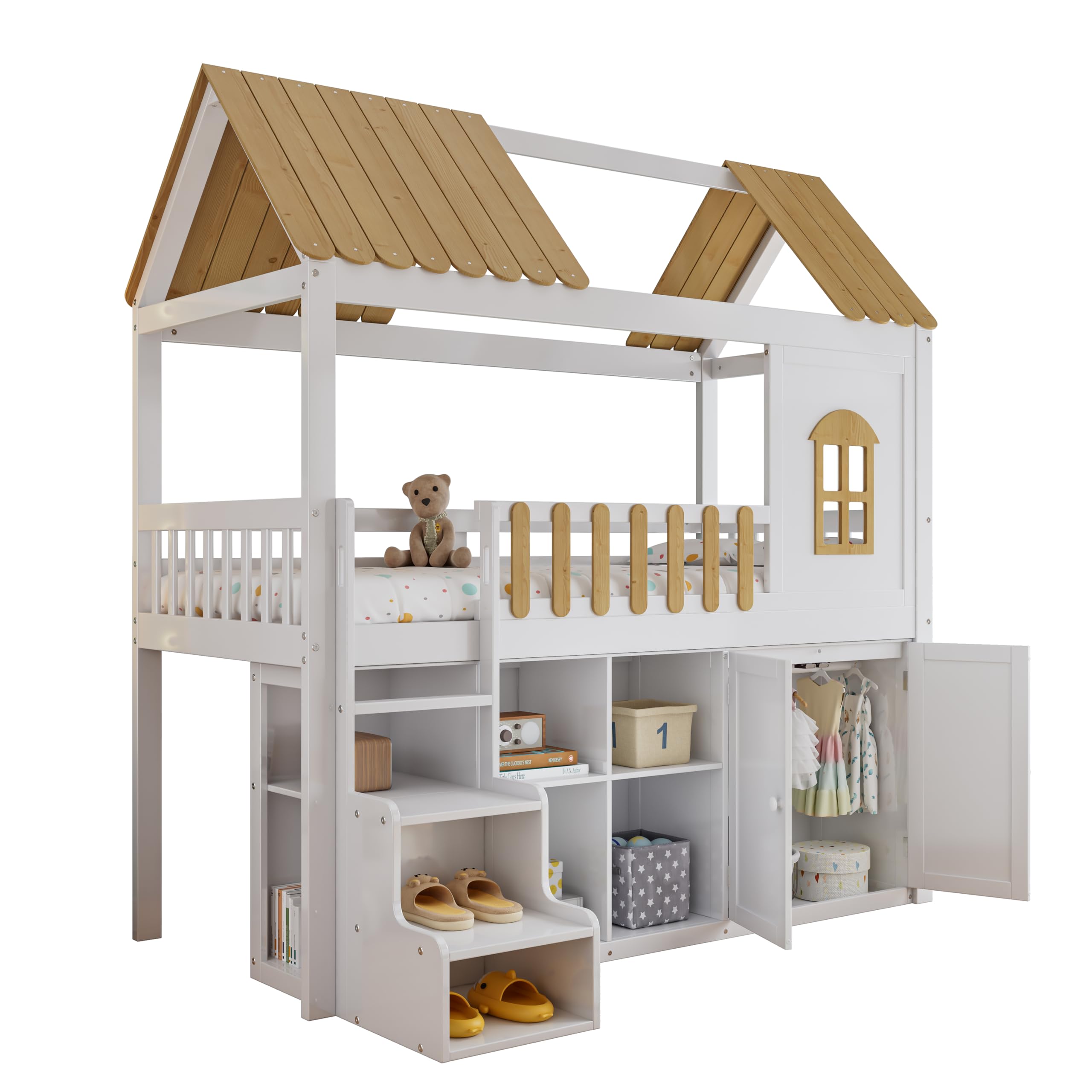Cama cabaña infantil de 90 x 200, litera infantil 90 x 200 cm con ventana decorativa, armario de almacenamiento infantil con zapatero y armario, marco de pino macizo natural blanco (sin colchón)