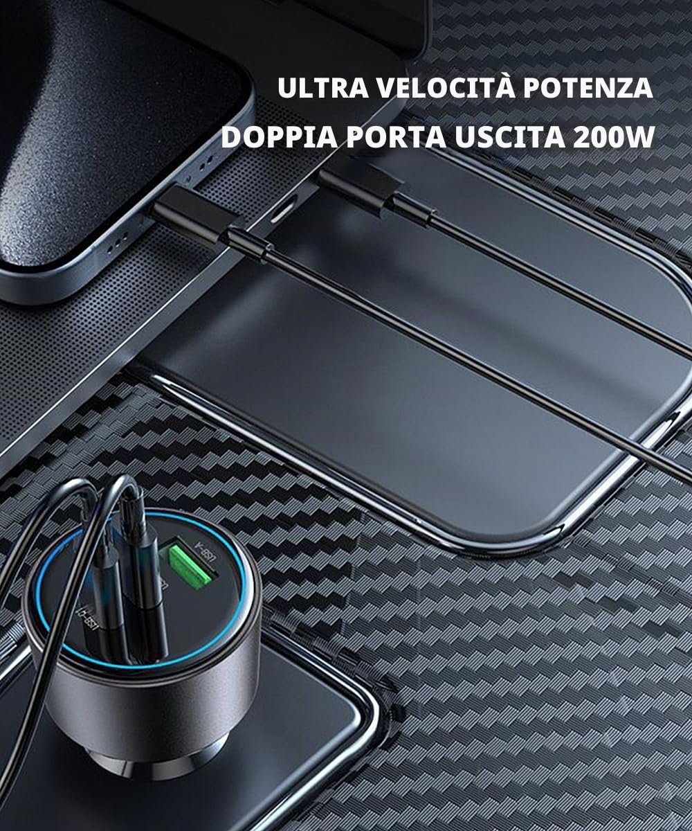 Caricatore Auto USB C da 200W, Caricabatteria Auto Accendisigari 12V-24V da 3 Porte con Cavo 100W, Compatibile con iPhone 16/15/14, Samsung Galaxy S24/23, Xiaomi, MacBook, iPad Pro, Air Mini