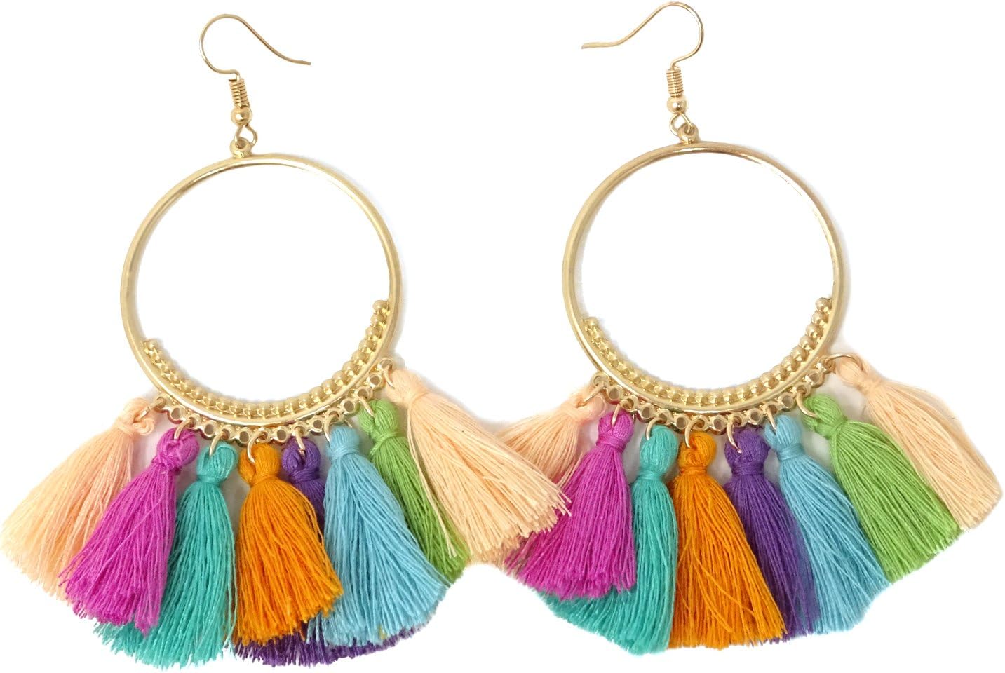 Honbay 1 Pair of Colorful Bohemian Big Circle Fan Shape Tassel Earring Fashion Dangle Drop Earring - Image 5