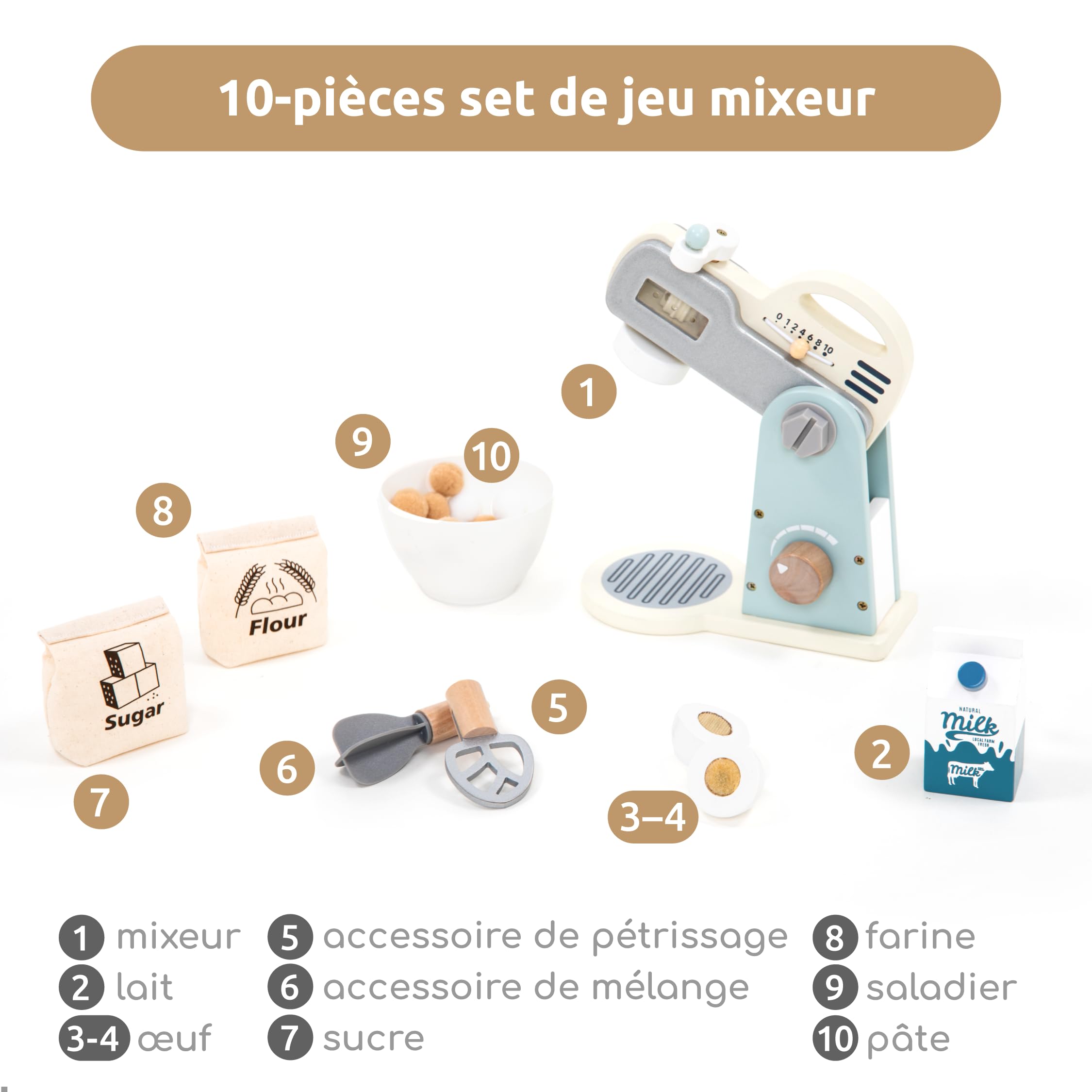 UMU® Mixer Kit de jeu en bois avec bol mélangeur, fouet, ingrédients et plus encore, ensemble de mixeur de cuisine pour enfants, 10 pièces, accessoires de cuisine pour petits chefs à partir de 3, 4, 5