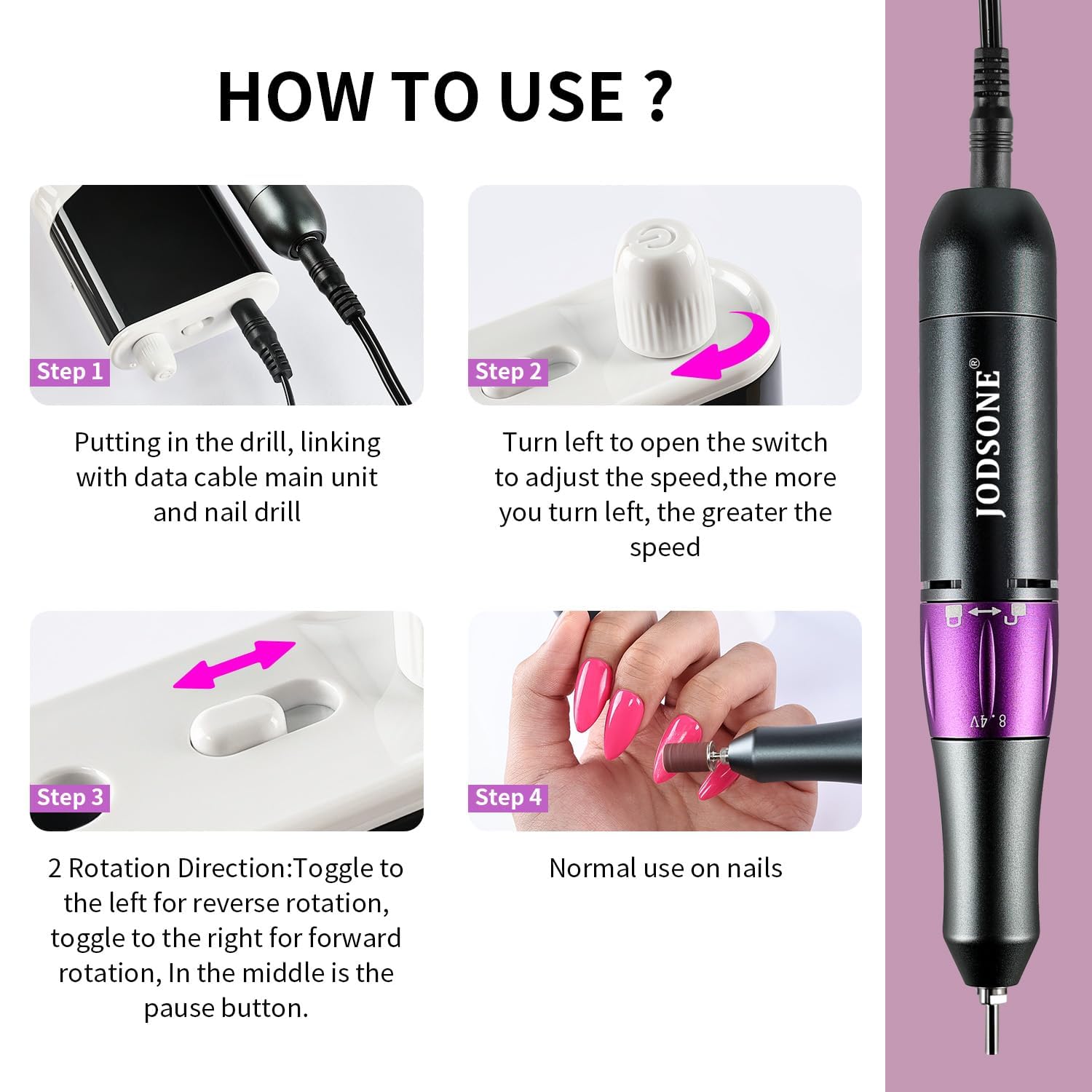 JODSONE Fresa per Unghie Professionale, 45000 RPM 6 in 1 Ricaricabile Nail File per Nail Gel Rimozione Basso Rumore Portatile per Casa e Salone