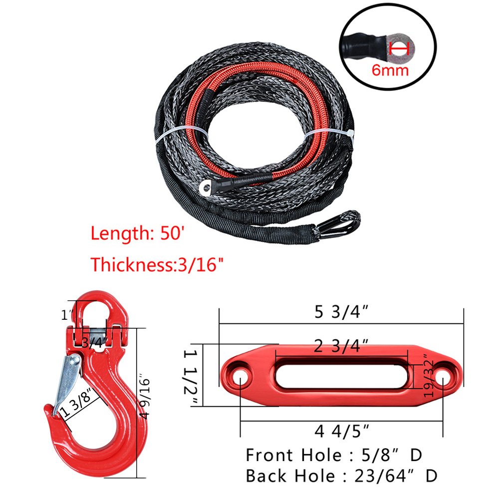 Astra Depot Black Synthetic Winch Rope Cable 5400LBS 22 inch (eat Guard Protective Sleeve w/RED Heavy Duty Half-Linked Hook + Red Hawse Fairlead Recovery for ATV UTV Ramsey KFI (50ft x 3/16 inch (