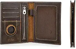 Porta-Passaportes de Couro Legítimo com Bloqueio RFID, Suporte para Airtag, Carteira de Viagem com 3 Porta-Cartões, Bolso para Moedas, Slots para Recibos e Suporte para Caneta-Luxo