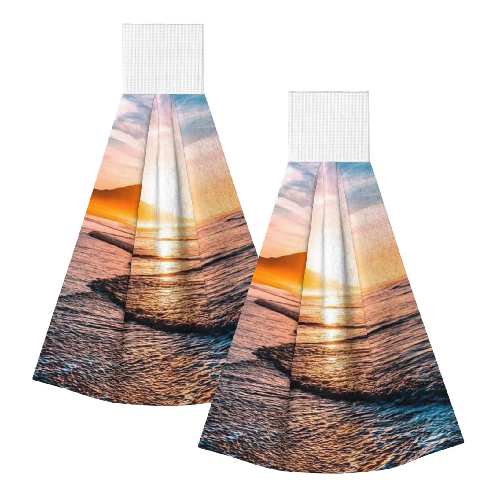 DOPKLNA Sea Beach Sunset, 2 Pcs Hanging Coral Fiber Hand Towels for Bathroom, Absorbent Kitchen Towels