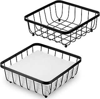 2 Pieces Napkin Holder for Table, Modern Flat Metal Paper Napkin Holder for Kitchen or Dining Room, Square Metal Lattice Basket, Restaurant Towel Dispenser (Black)