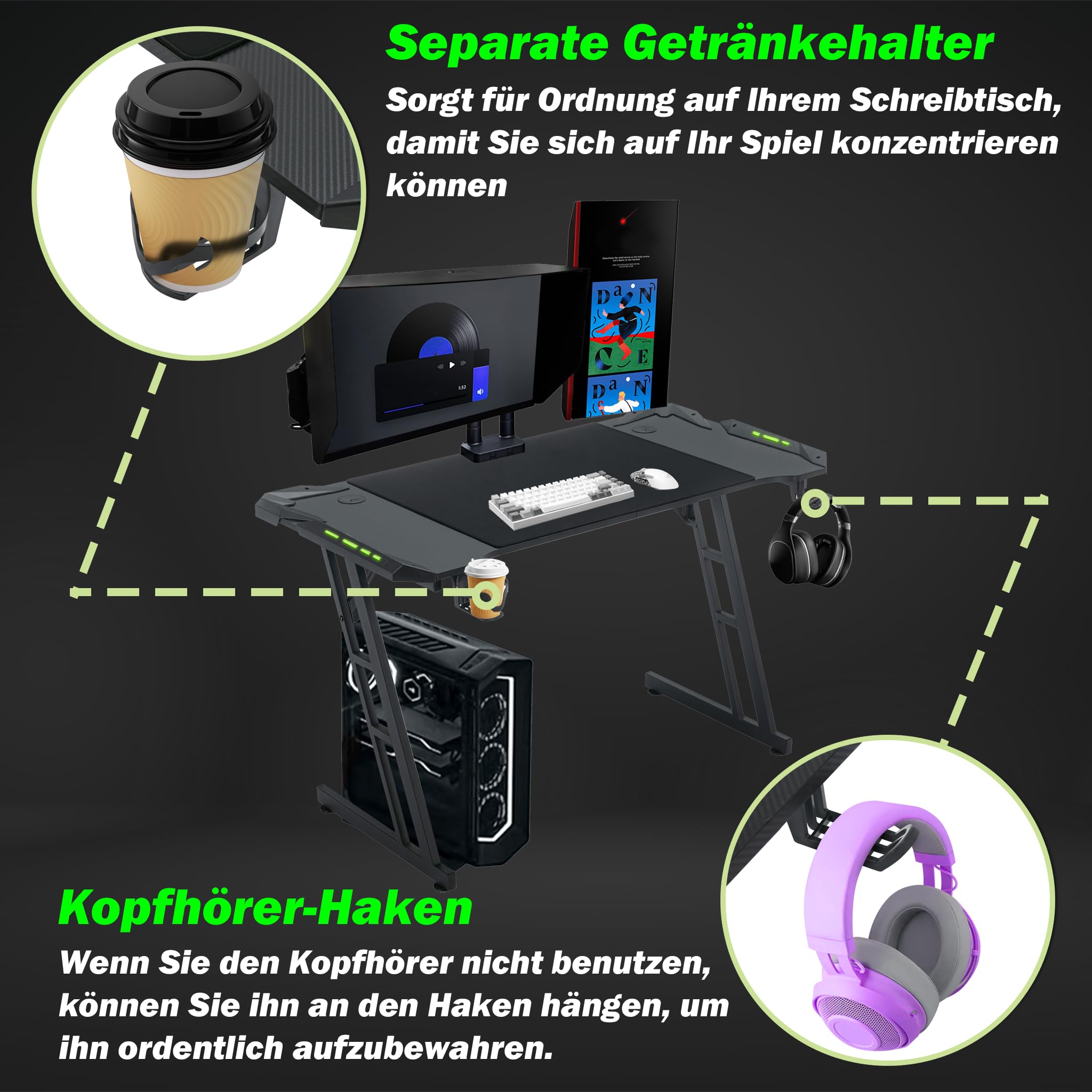 Froadp Gaming Desk LED 120 x 60 cm Black Carbon Fiber Surface Ergonomic Computer Table with Cup Holder and Headphones Hook PC Desk Stable Z Frame 150kg Load Capacity