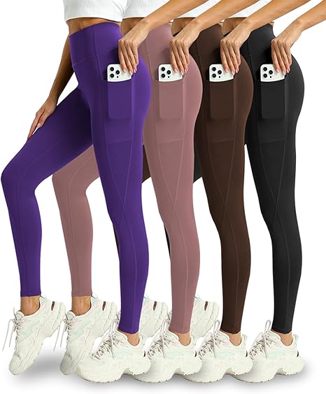 4 Pack Leggings with Pockets for Women - High Waisted Tummy Control Workout Yoga Pants