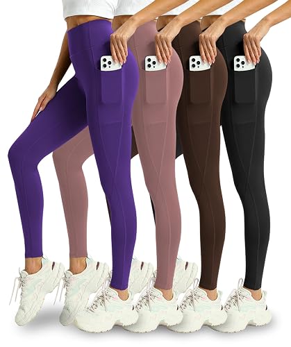 Mlenhor 4 Pack Leggings with Pockets for Women - High Waisted Tummy Control Workout Yoga Pants (US, Alpha, Large, Regular, Regular, 4 Pack-Purple/Pink/Coffee/Black)