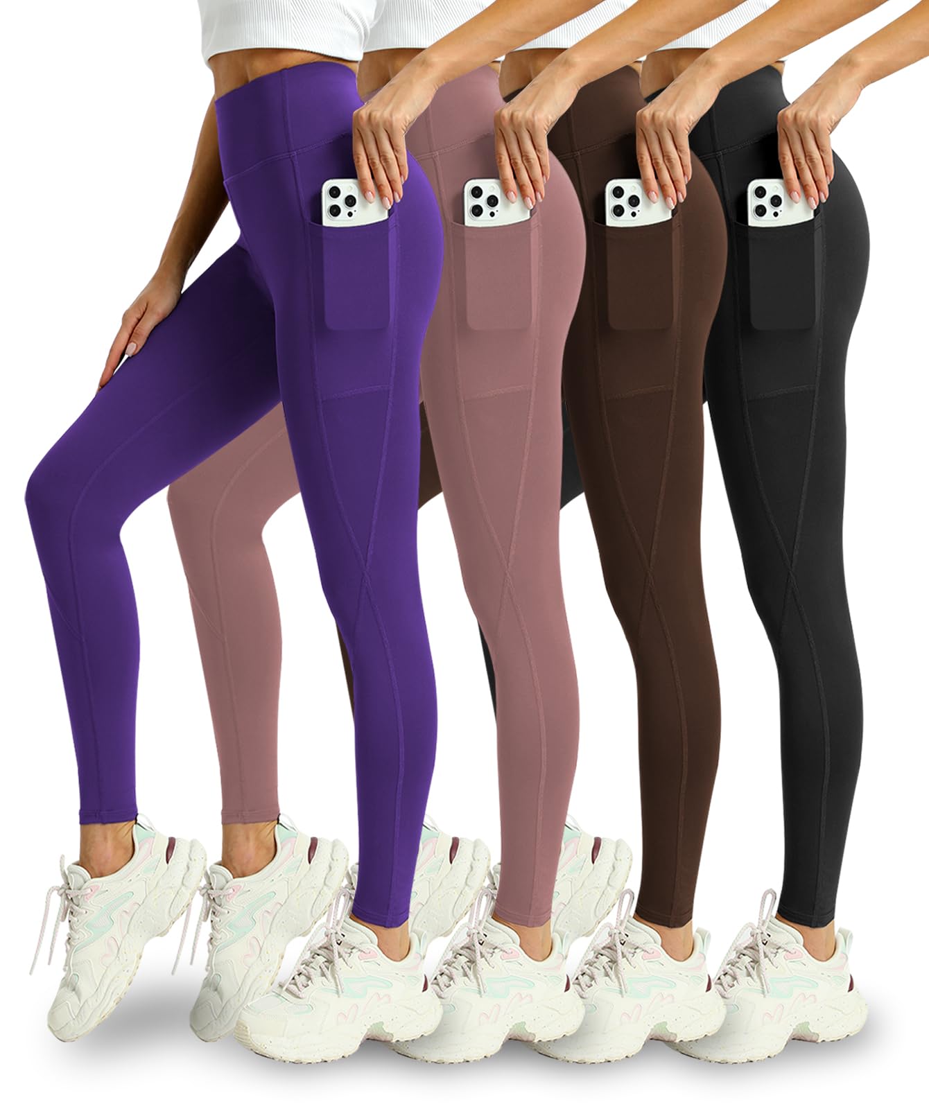 Mlenhor 4 Pack Leggings with Pockets for Women - Soft High Waisted Tummy Control Workout Yoga Pants