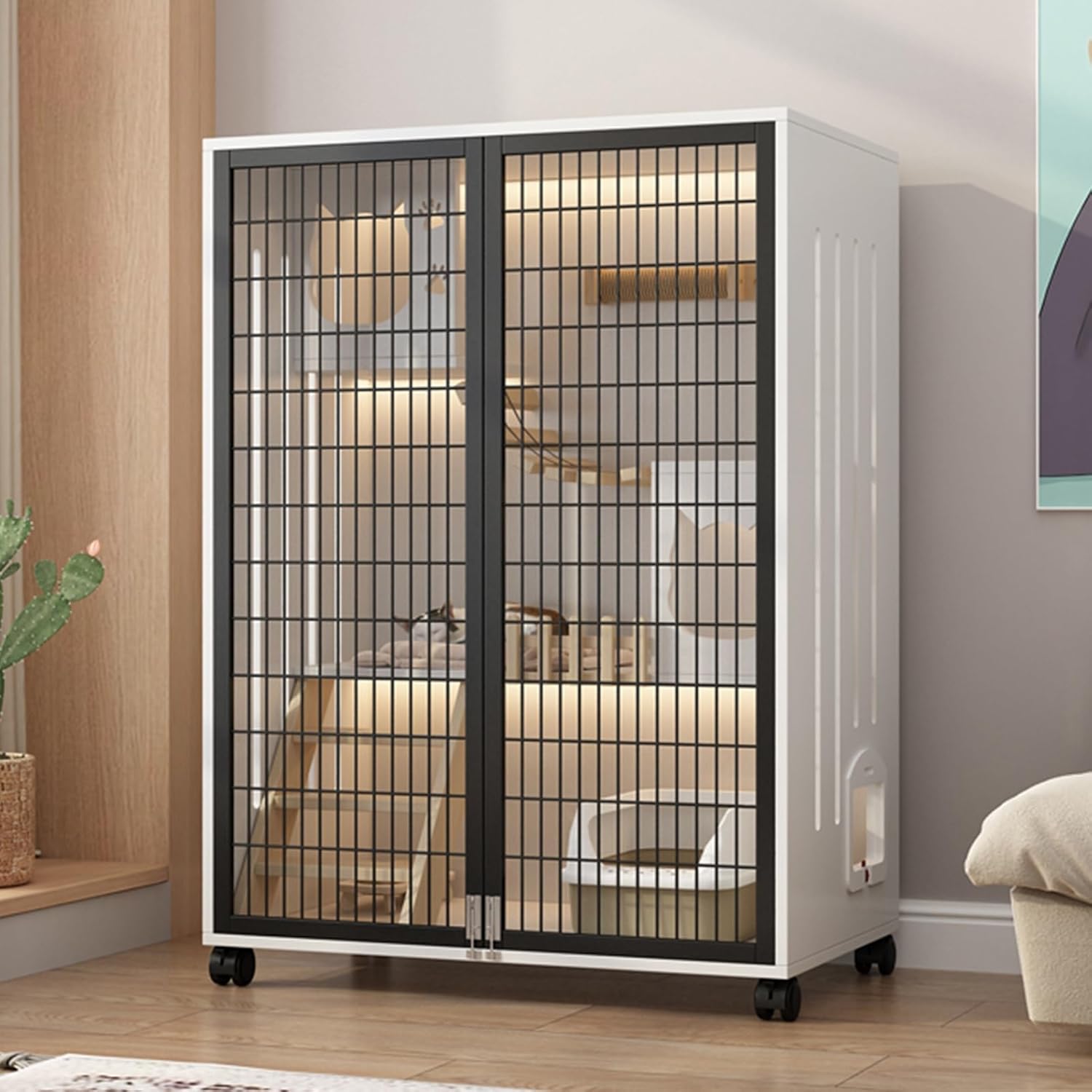 Cat Playpen, Panoramic see-through Cat Enclosures, Indoor luxury cat villa, DIY cat playpen, Hollow design on both sides to avoid stuffiness, for indoors or outdoors(White+Black,47.2x47.2)