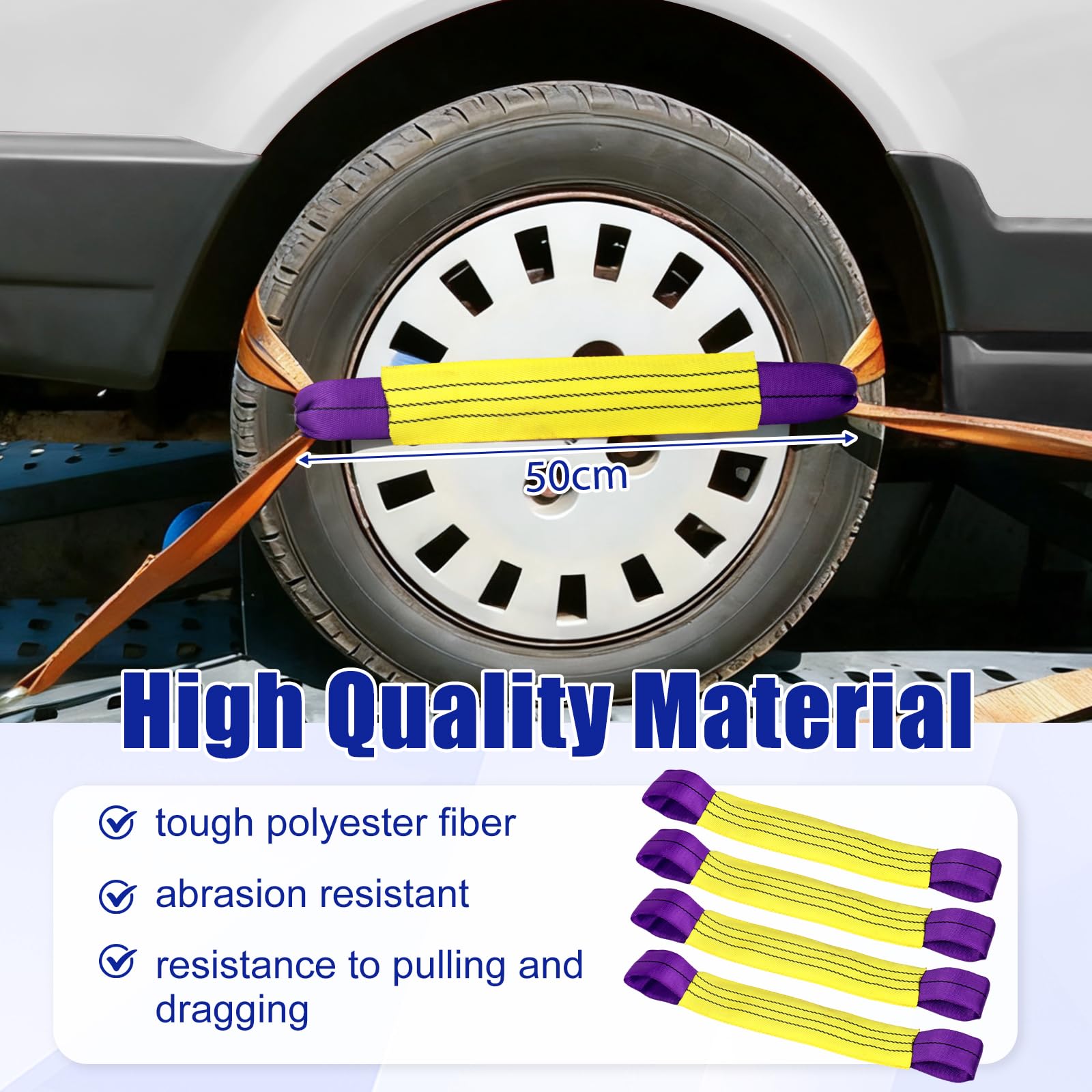 4x50cm Wheel Tie Down Straps for Transporter & Trailer, Heavy-Duty 1T Tension 6T Breaking Strength, Secure Car, Motorcycle & Vehicle Wheels During Transport — view 3
