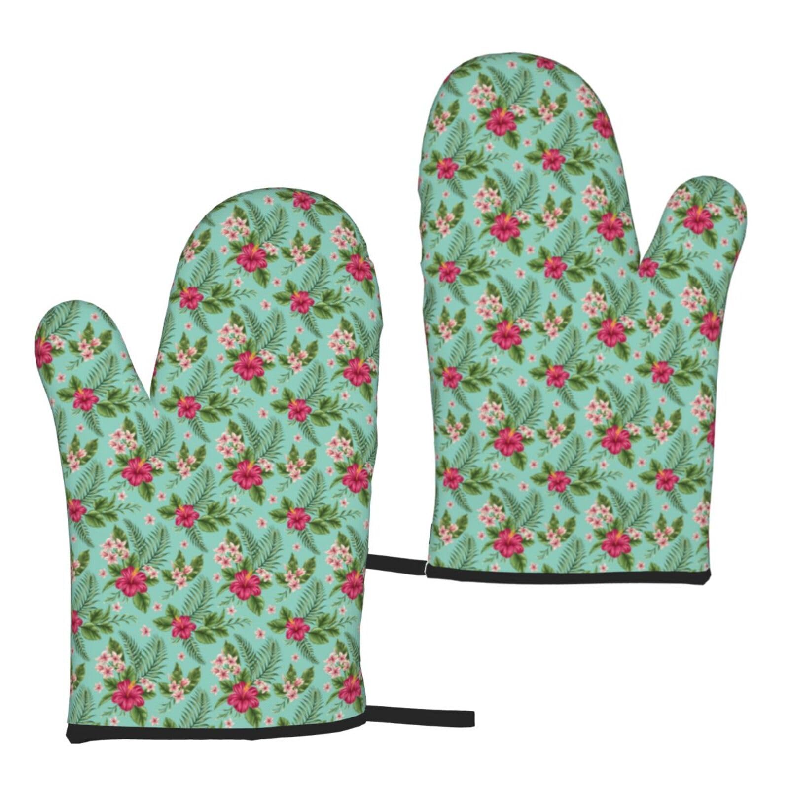 Hawaiian Tropical Leaves Flowers Print Universal Fit Comfort Gloves Protection Heat Resistant Oven Kitchen Baking Grilling