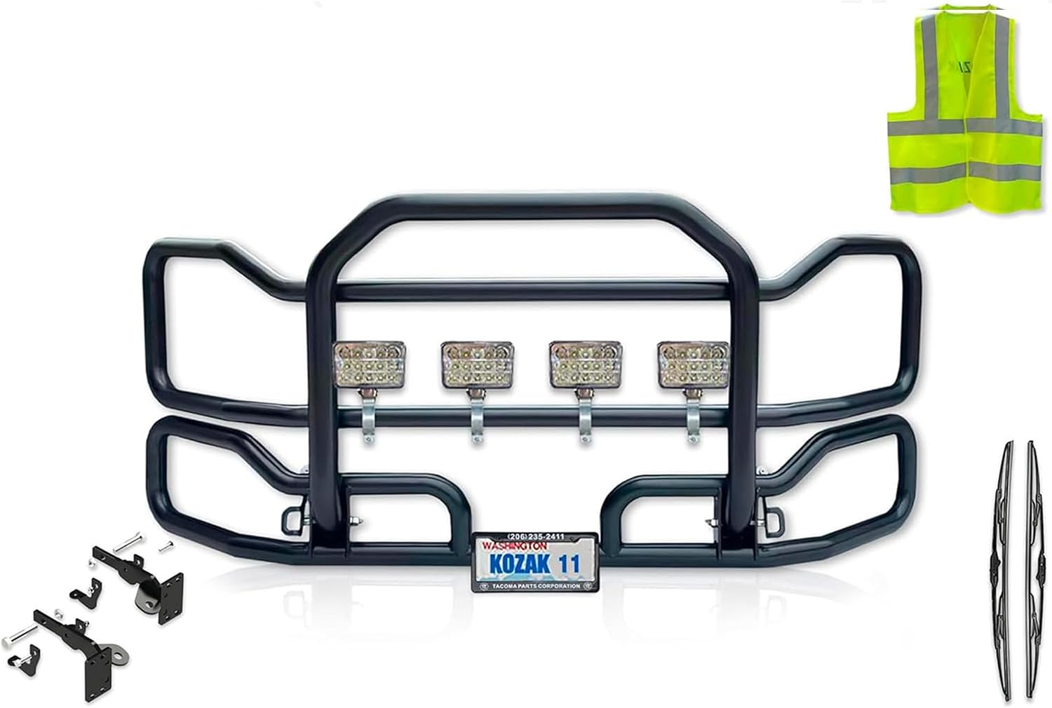 Large Front Black Grille Deer Moose Brush Bumper Guard Compatible with Peterbilt 579 2022+ (No Fog) - Includes Logo, 4X 6 LED Lights, License Plate Holder & Frame, Brackets, Reflective Vest, Wipers