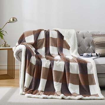 PU MEI Sherpa Blanket Twin Plaid Thick Bed Blanket, 60*80 Super Soft Flannel Fuzzy Fleece Reversible Velvet Plush Warm Blanket for Couch Beige Check, 60"*80"