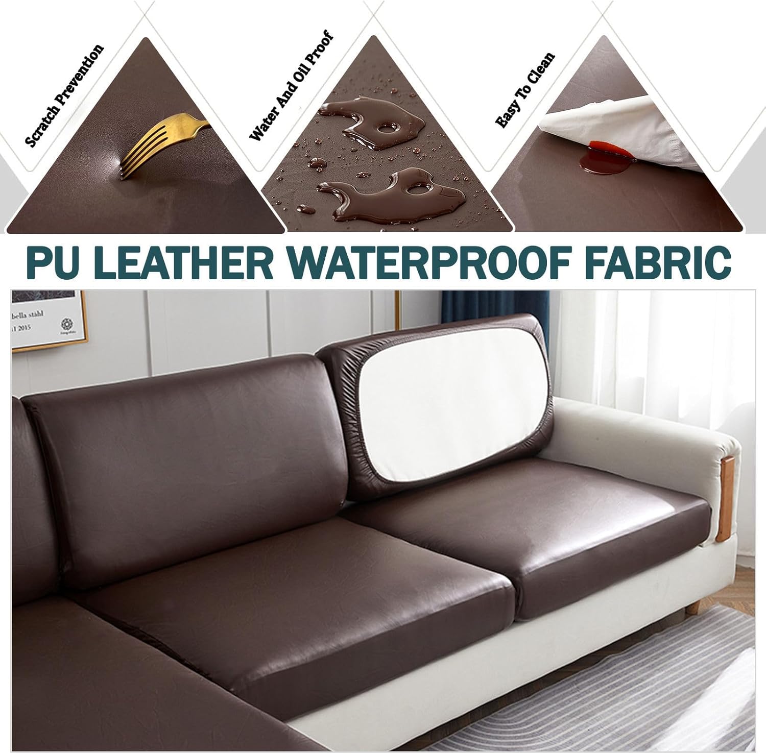 Waterproof Couch Cushion Covers for Sofa, PU Leather L-Shaped Seat Cushion Cover Individual Separate Sectional Sofa Slipcovers Form Fitted for Cat Dog-Deep Coffee-Oversize 2 Seater