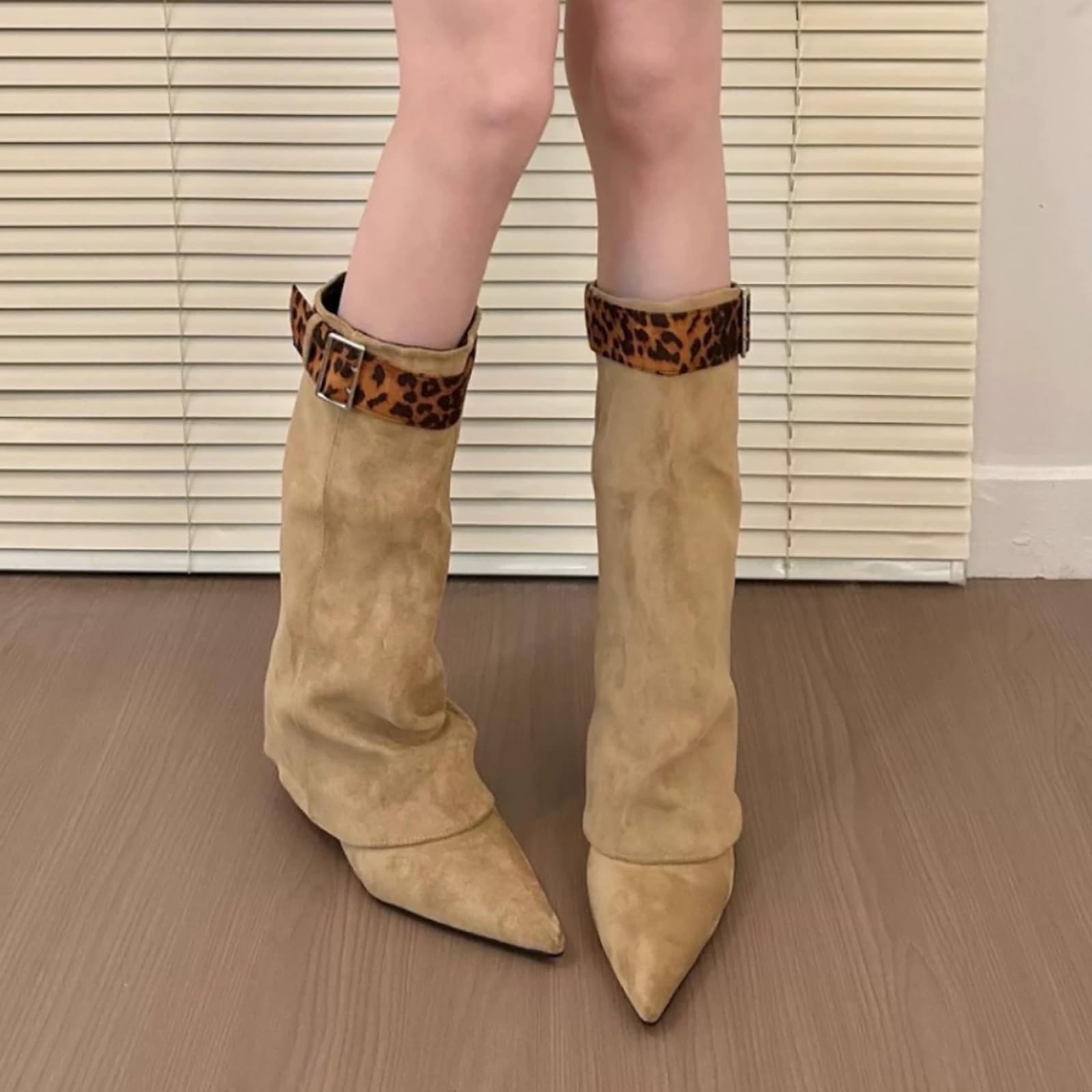 Generisch Langschaft Stiefel Damen Fold Over Shark Cowboystiefel mit Blockabsatz - Klassisch Halbhoch Weitschaftstiefel Spitzer Zehenbereich Übergangsstiefel Damenstiefel für Herbst Winter
