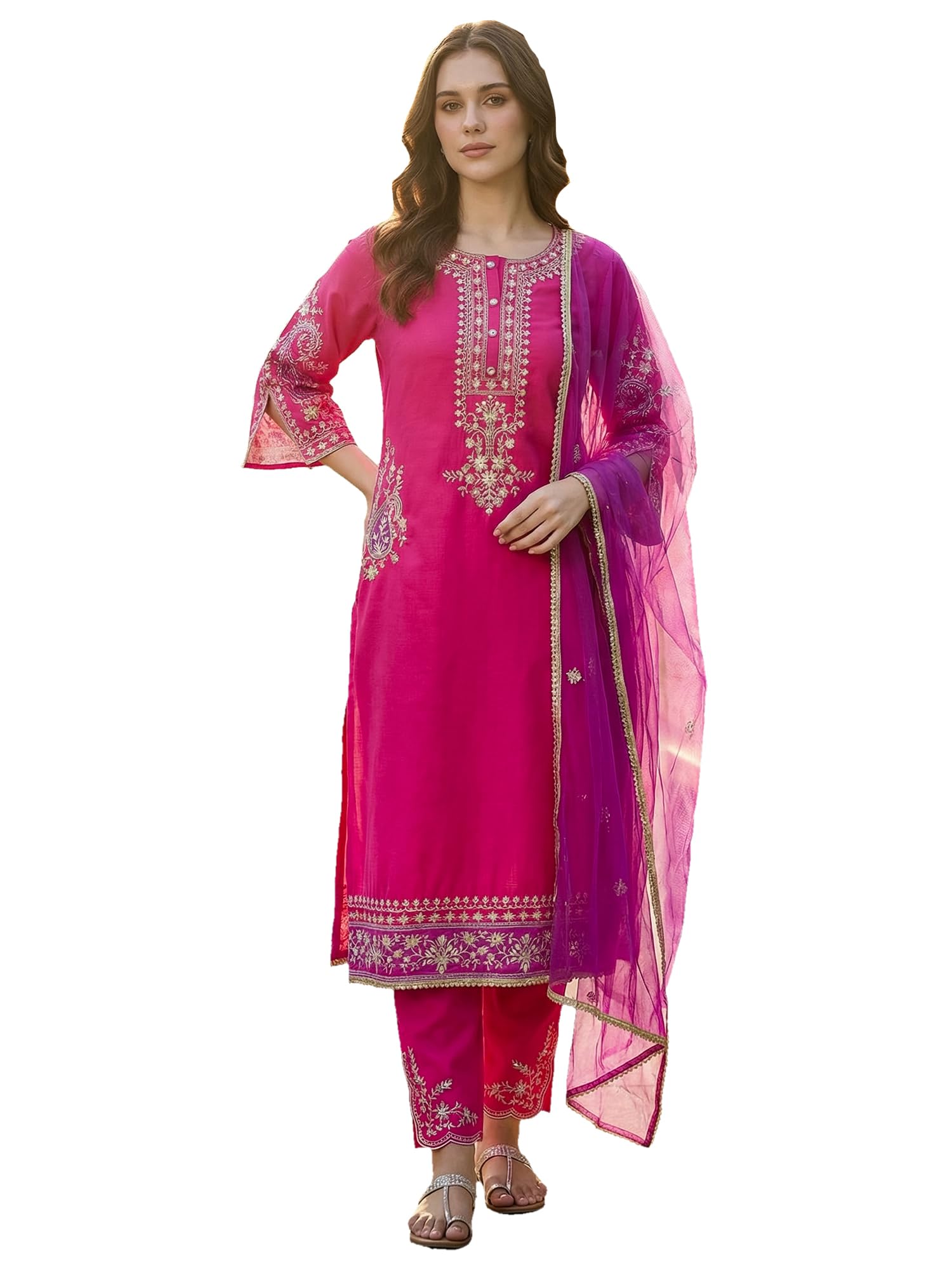 indo era Women's Silk Blend Ethnic Motifs Solid Straight Calf Length Kurta with Pant & Dupatta Set (IEAI11264)-picture-31