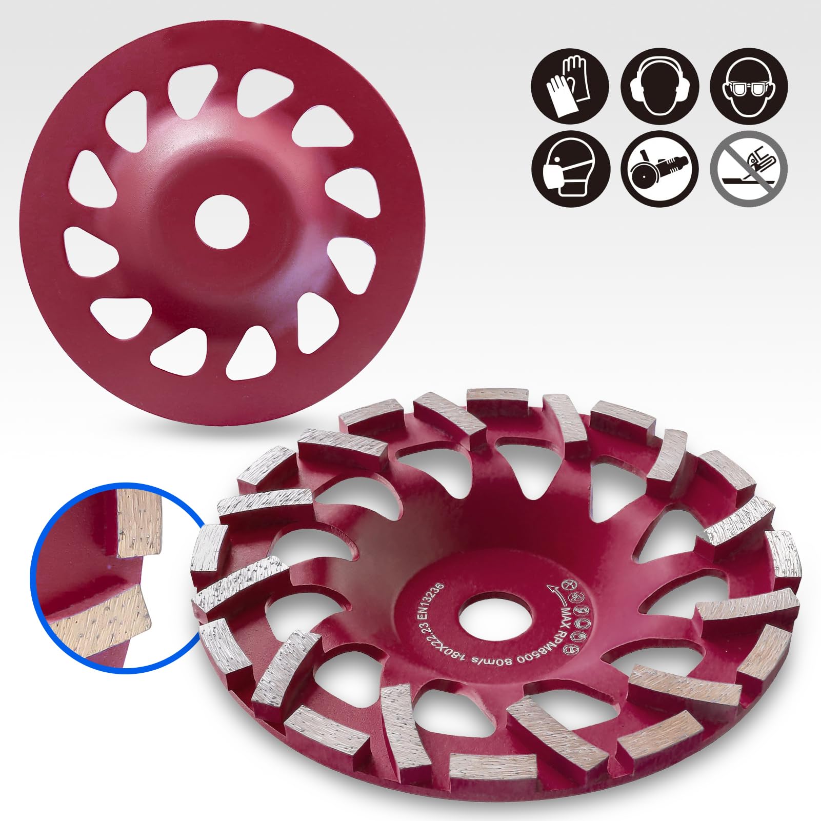Meule diamantée 180 mm × 22,23 mm, disque abrasif pour béton, granit, pierre naturelle, marbre (rouge)