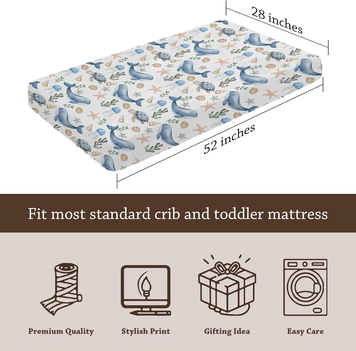 Watercolor Ocean Whales Sea Turtle Starfish Seashells Pattern Baby Sheets for Crib, Unisex Sea Animals Nursery Fitted Bed Sheet for Boys Girls Standard Crib and Toddler Mattress-28x52