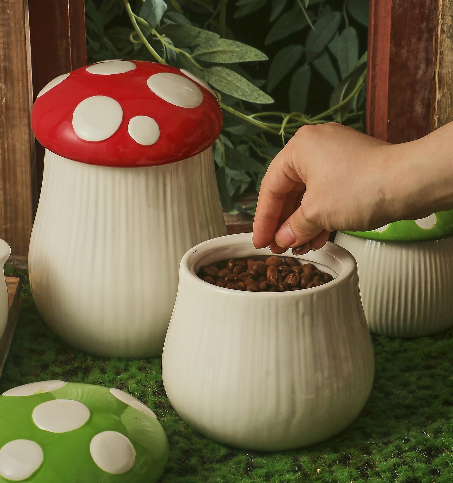 Condition photo showing New/Like New for Cute Mushroom Designed Kitchen Canister, Ceramic Coffee Container with Airtight Lid, Food Storage Jar for Sugar, Tea, Spice, Cookies, Candy, Cereal. (Red, 27 oz)