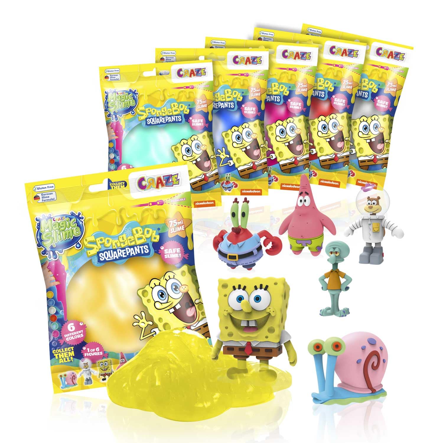 Magic Slime Bag Sponge BOB 6er Pack | Schleim Kinder im Beutel 75ml Slime Set mit Spongebob Schwammkopf Überraschung, geruchsneutral, rückstandsfrei