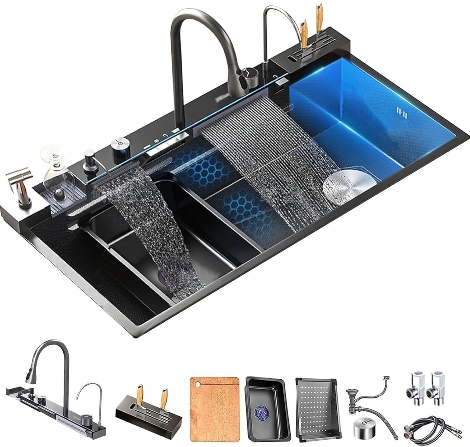 Kitchen Sink Unit with Integrated Faucet,with Knife Holder,Large Capacity 90 x 50 Cm Stainless Steel for RV,Balcony,Apartment A