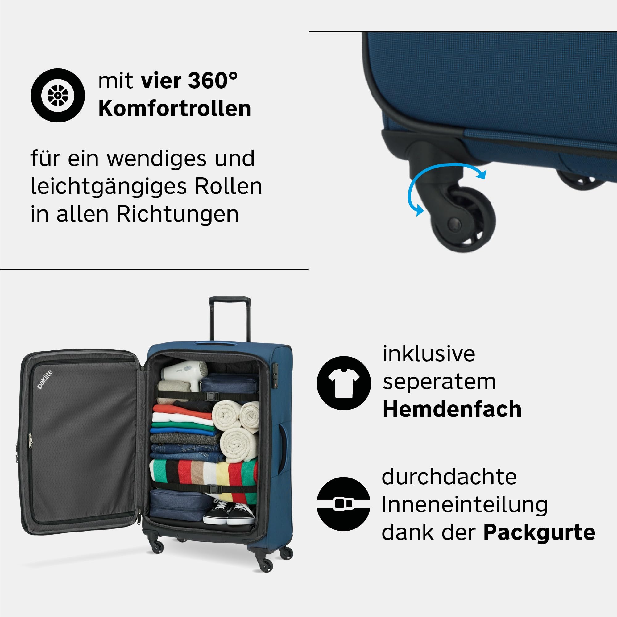 paklite Reisekoffer 4 Rollen, Weichschalen Rollkoffer groß, erweiterbar, Derby, Stilvoller Trolley mit Dehnfalte, TSA Schloss, 77 cm, 102-115 Liter