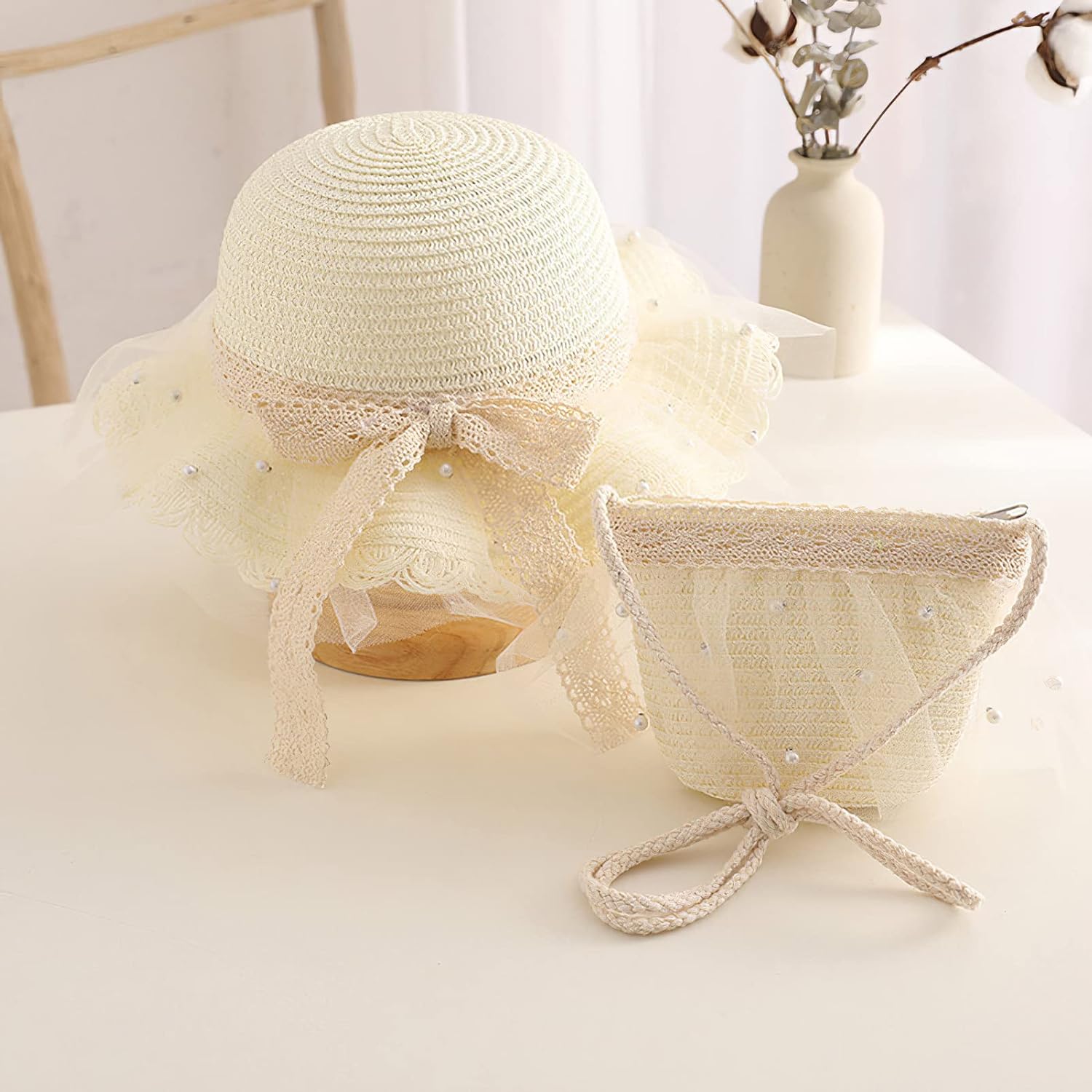 Girls Straw Hat Purse Bag Set Lace Brim Flowers Pearl Summer Beach Sun Hat Princess Shoulder Crossbody Bag Chin Strap - Image 6