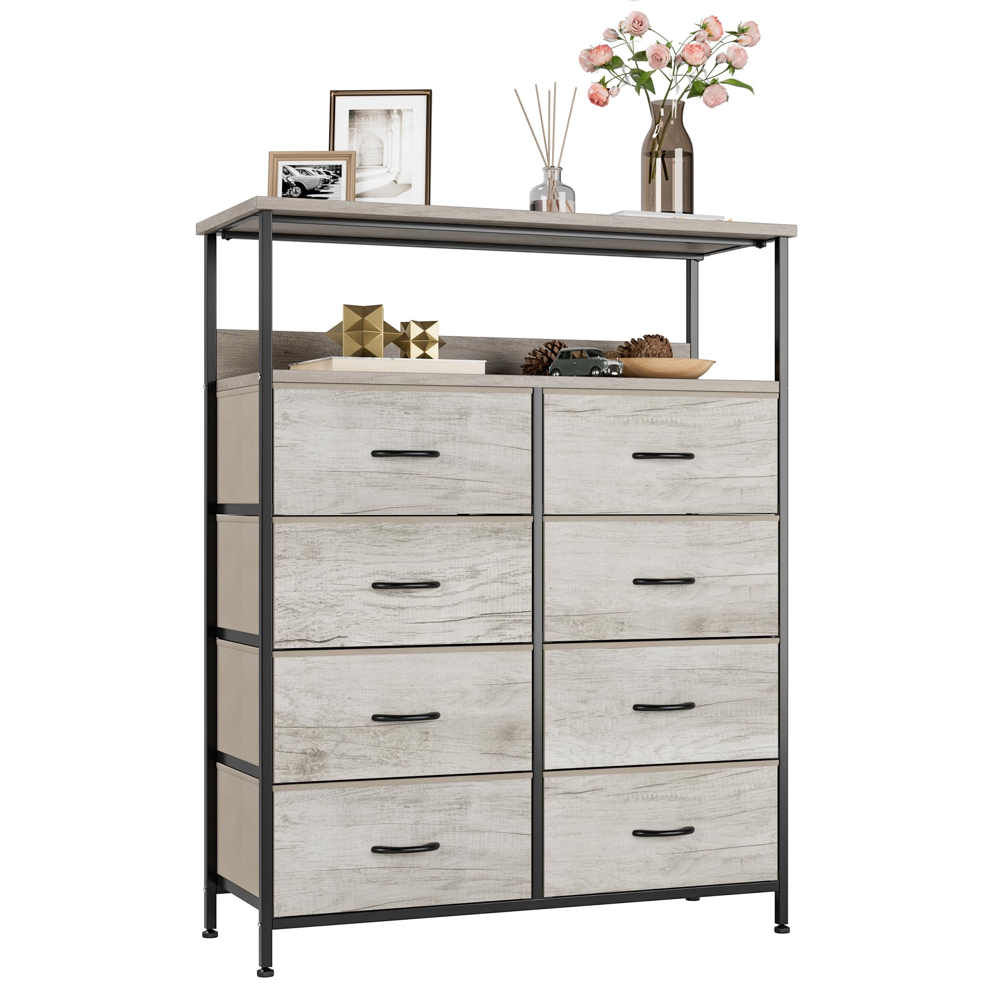 Nicehill チェスト 棚付き収納チェスト 収納 タンス キャビネット引き出し オーガナイザー 布製引き出し 収納ケース 衣類収納 木製天板 転倒防止 4段8杯【幅80×奥行30×高さ103.8cm】(ライトウッドグレイン)