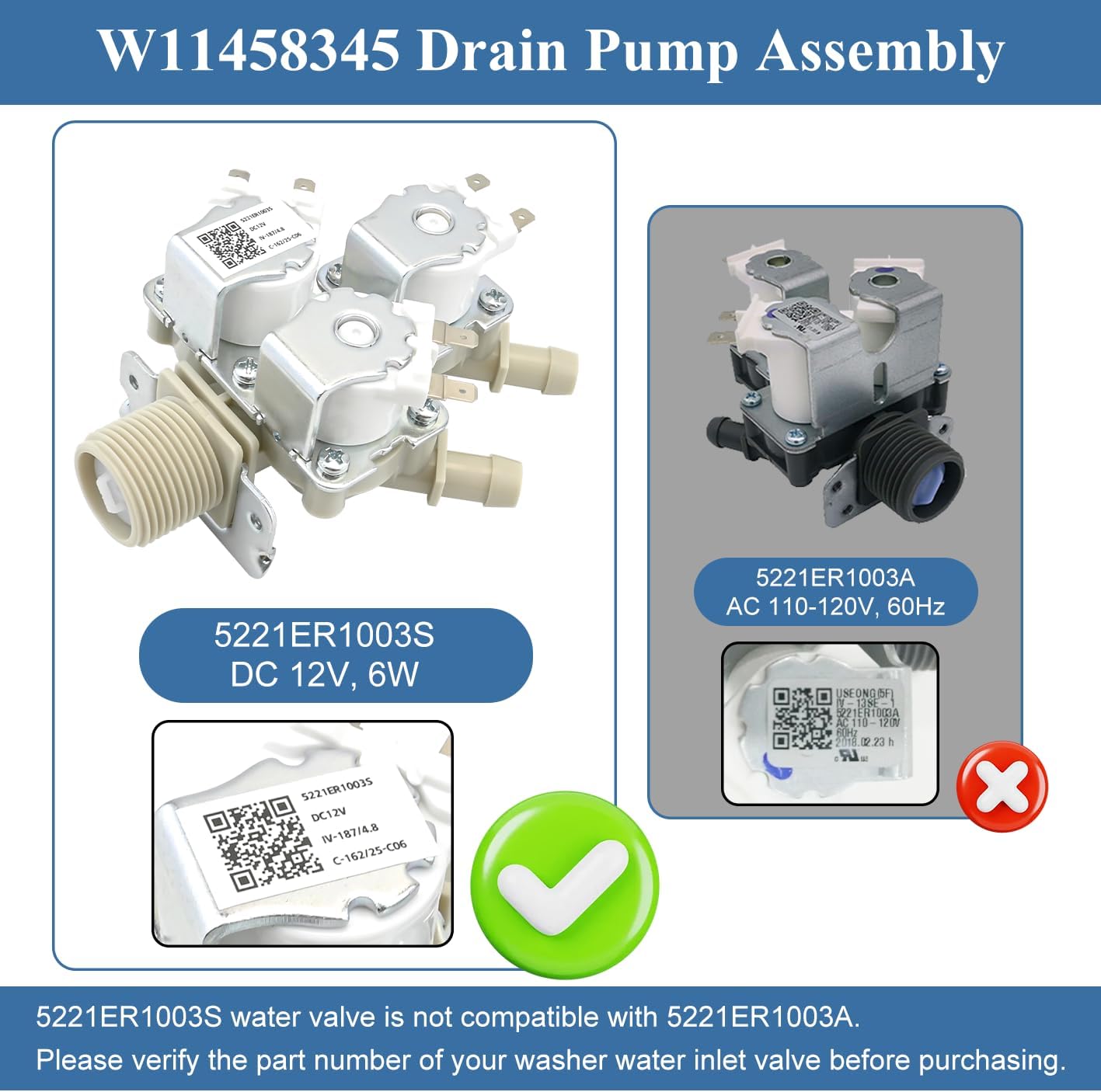 5221ER1003S Washer Water Inlet Valve Compatible with kenmore: WKE100HVA, WM4000HBA, WM3400CW, WM4000HWA, WM3470CW etc, Replace 4869496, AP6798394, PS12587936, EAP12587936, PD00057211 etc