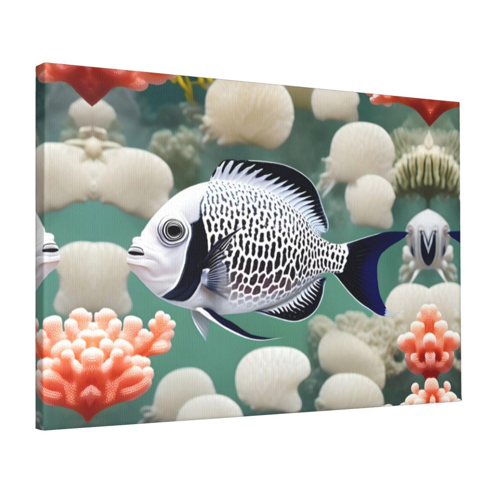 CNTDBU White Tropical Fish Canvas Wall Art 16x24 Inch-Large Modern Painting Print for Living Room, Framed Ready to Hang Artwork for Bedroom