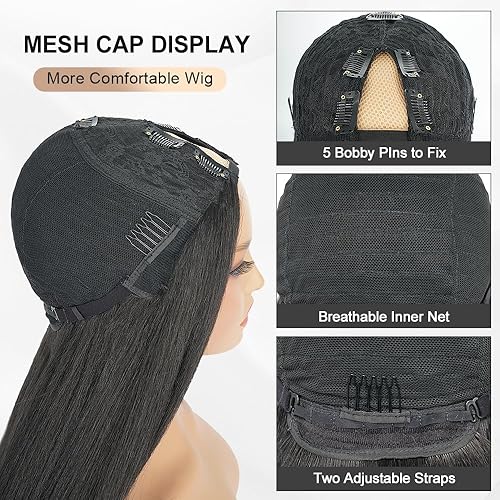 Miniatura 5 de Yaki - Peluca lacia en U con parte en U, cabello sintético suave como cabello humano real, sin pegamento, peluca italiana Yaki en V para mujeres