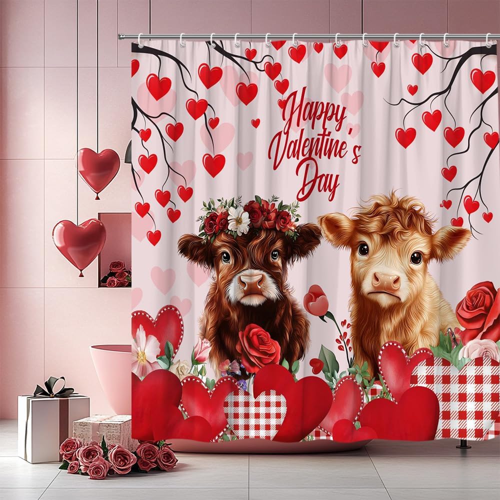 Cute Highland Cow Shower Curtain Funny Cows Red Pink Love Heart 70W x70L