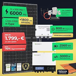 Ready2plugin Solaranlage mit Speicher 6000W/3000W, 2560 Wh Stromspeicher 3000W Notstromsteckdose Balkonkraftwerk Photovoltaikanlage mit Smart Stromwächter Stock Schrauben Halterung