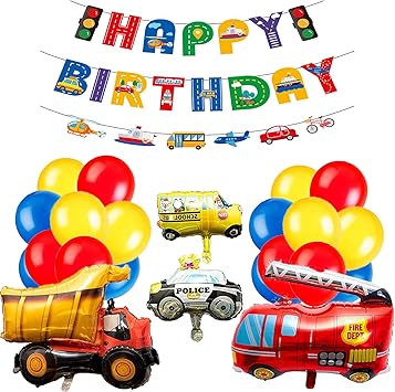 Amazon 誕生日 飾り付け 車 シンプル パーティー セット 男の子 空気入れ セット 大きな 3d車バルーンセット Happy Birthdayバースデーバナー 交通バナー パトカーアルミ風船 スクールバスアルミ風船 数字無い 風船 バルーン おもちゃ