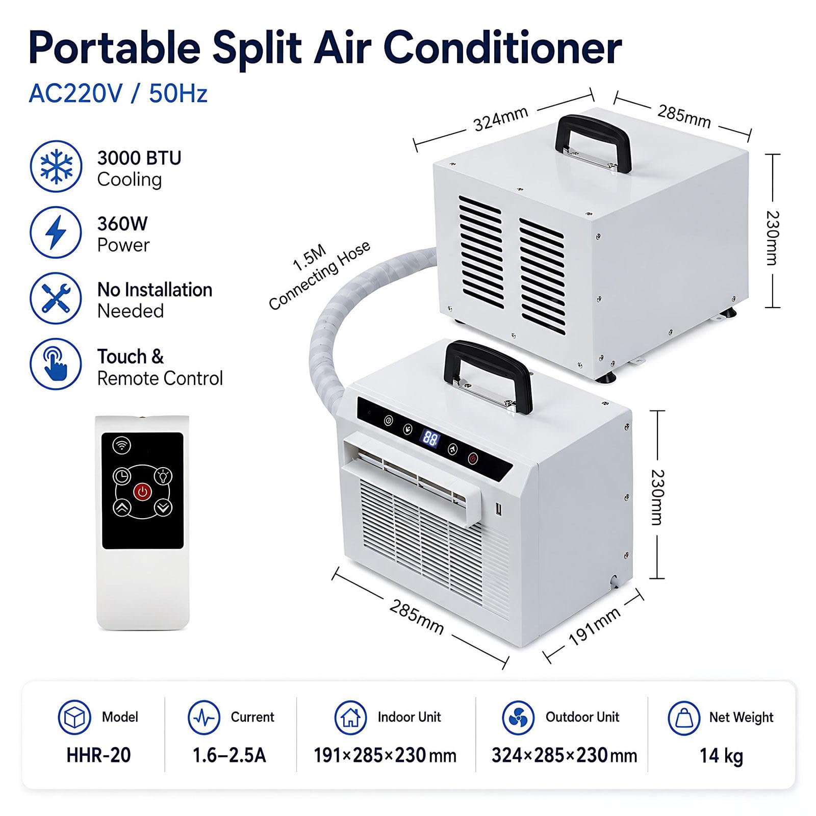 Mini Split Portatile 3000BTU – Silenzioso – Leggero 220V-1.5Metre | Doppio controllo: pannello touch sull'unità + telecomando wireless per massima comodità.