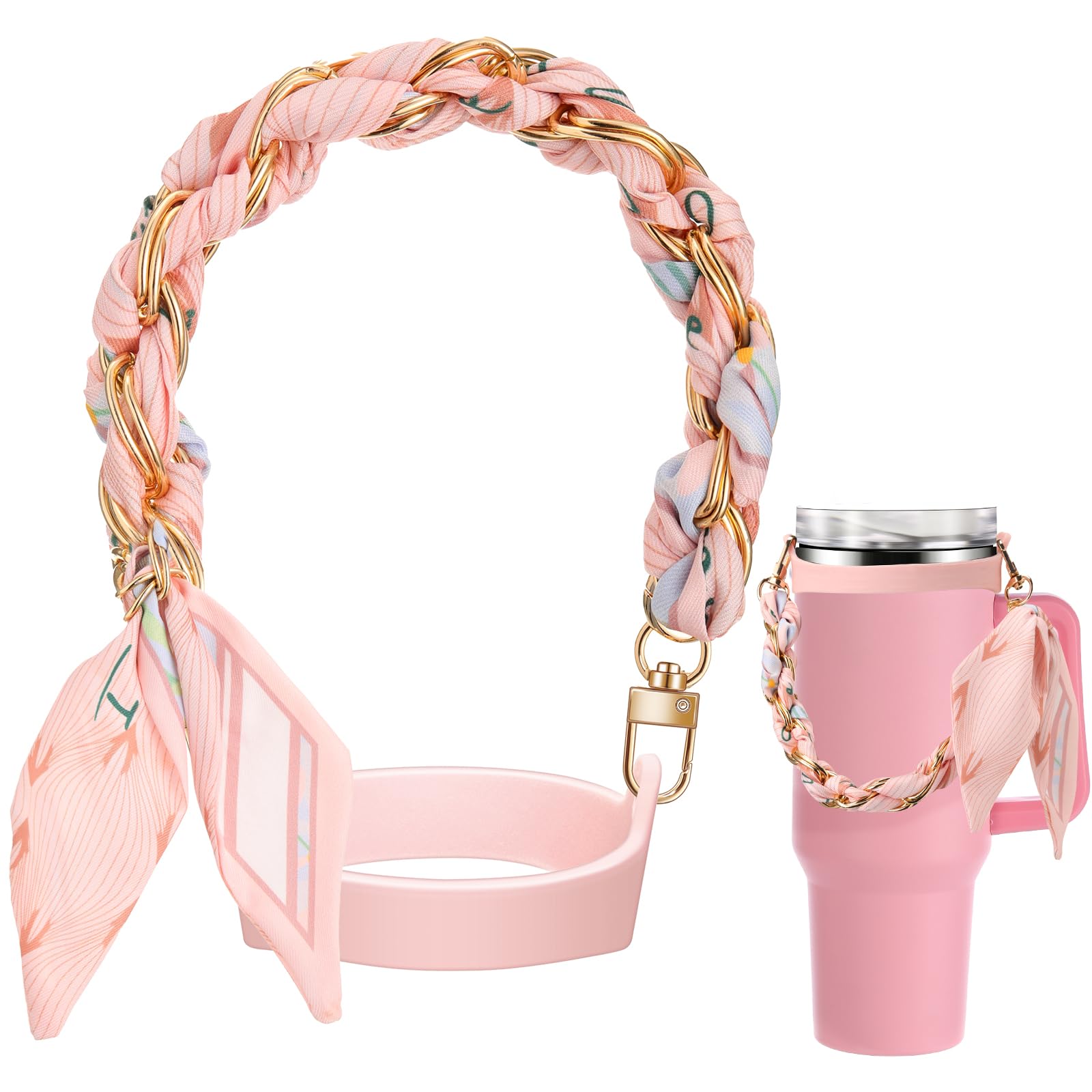 Silicone Water Bottle Handle Holder with Strap Compatible with Stanley Cup Accessories Charm Cool Sling Water Bottle Carrier Holde Fits Most 8-40 oz Tumbler Graduation Gift for Woman(Striped Pink)