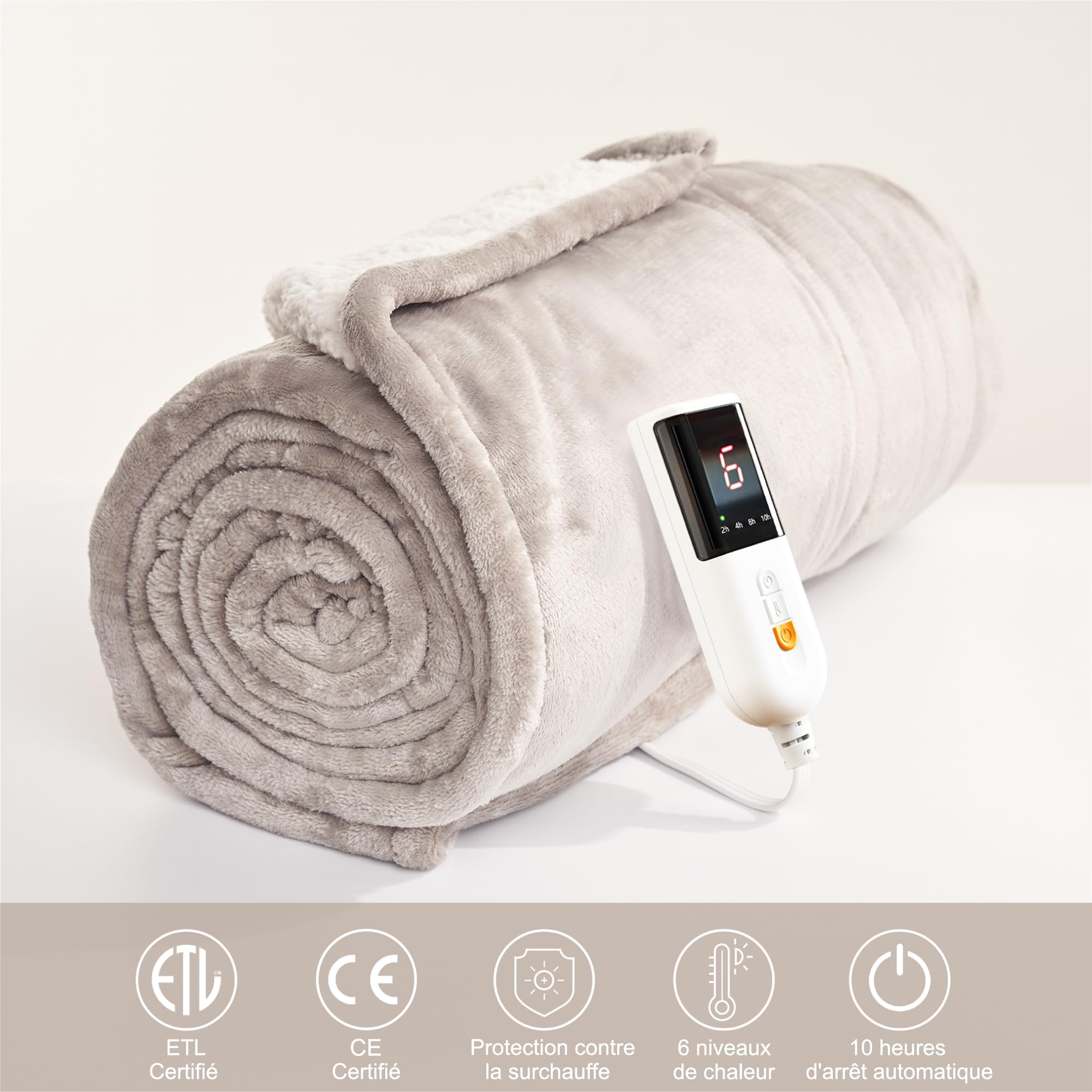 GOTCOZY Couverture Chauffante 130x180 cm - Couverture Électrique avec 10H Arrêt Automatique 9 Réglages de Température Protection Contre la Surchauffe Lavable en Machine(Gris)