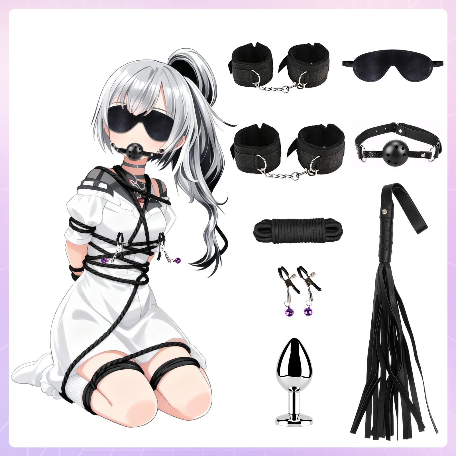 Kit Bondage BDSM 12 Pezzi Qoosea per Coppie – Set di Restrizione Regolabile con Manette, Cavigliere, Collare, Benda Occhi, Bavaglio & Accessori per Giochi Erotici – Sex Toys per Adulti