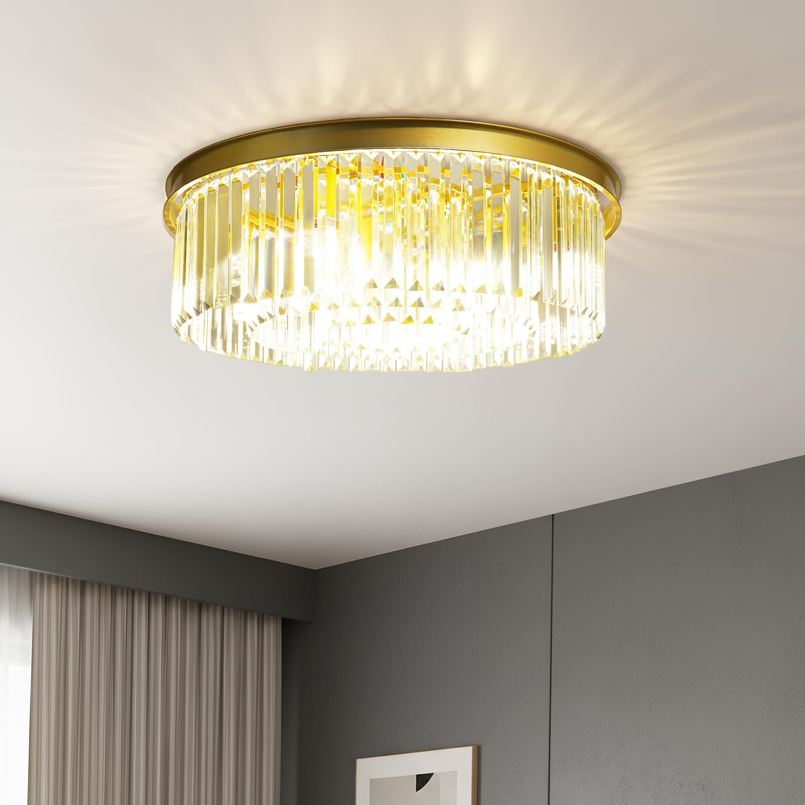 Jolre 60 cm kristallen plafondlamp, kristallen gouden kroonluchter, ronde heldere kristallen plafond, ronde woonkamer slaapkamer kristallen lamp, LED- plafondlamp, E14