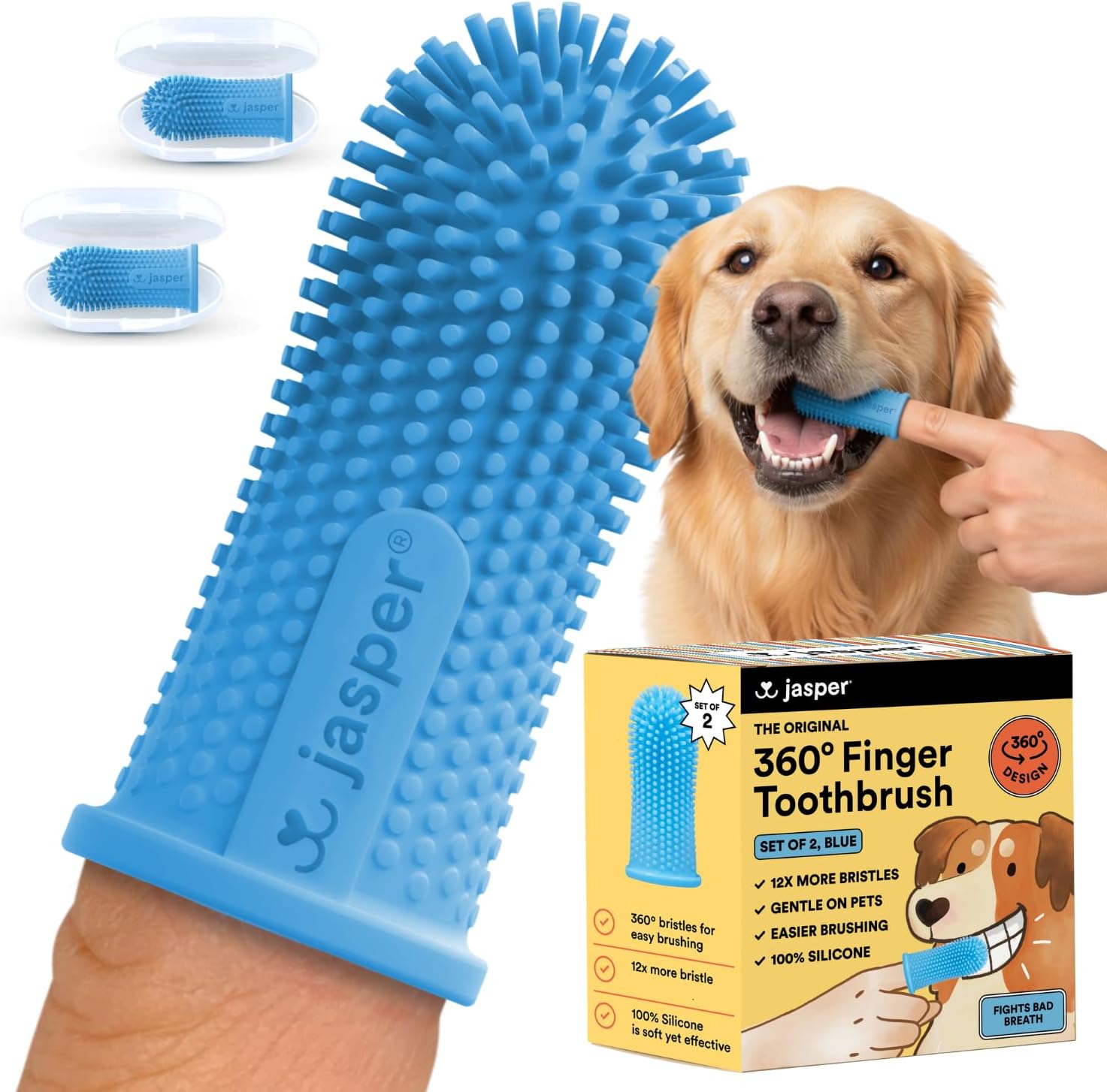 Jasper Dog Toothbrush, 360º Finger Toothbrush Kit (2-Pack), Ergonomic Design, Full Surround Bristles for Easy Teeth Cleaning, Dental Care for Puppies, Cats and Small Pets, Light Blue