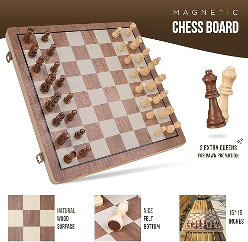Miniatura 4 de Amazing Pride Juego de ajedrez de madera de 15 pulgadas, tablero de ajedrez magnético para adultos y niños, juego de ajedrez de viaje plegable con 2