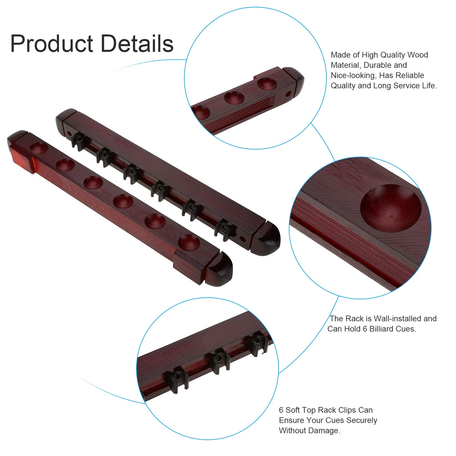 Keenso Support Mural Pour 6 Queues De Billard – Bois, Couleur Bordeaux, 40 Cm, Vis Et Chevilles Incluses