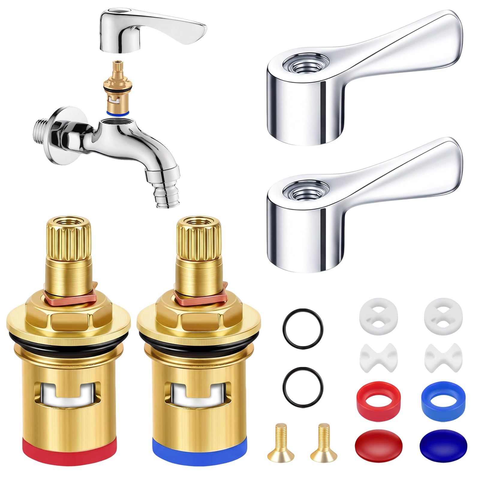 Mixer Tap Cartridge Set, Tap Valve Replacement with Seals & Handles, Universal 1/2" Tap Replacement Parts with Metal Lever Heads, Quarter Turn Tap Valve for Kitchen Bathroom Faucet Sink Taps