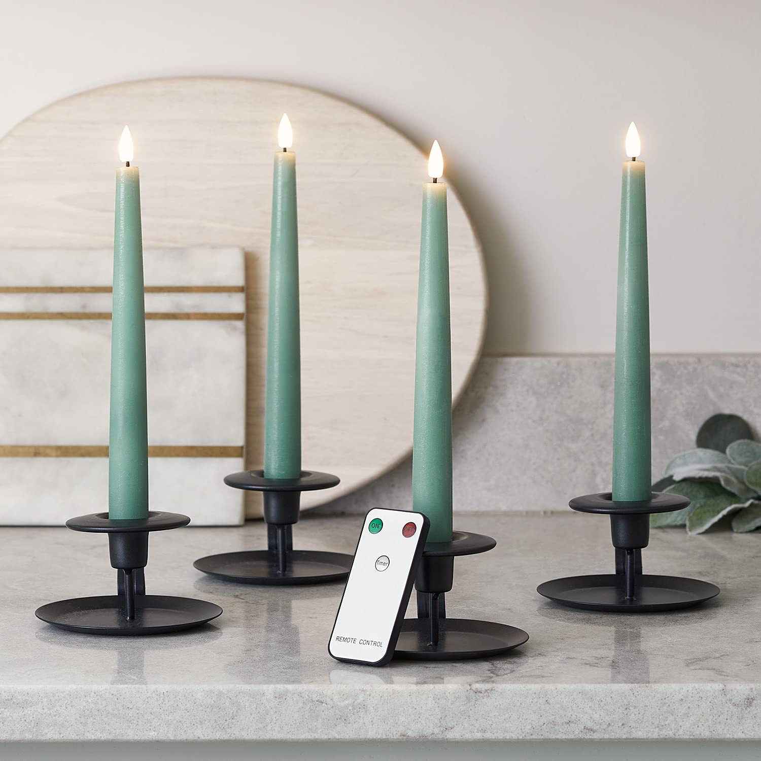 Lights4fun Set of 4 Eucalyptus Green Taper Candles with Remote Battery LED Flameless Real Wax Timer