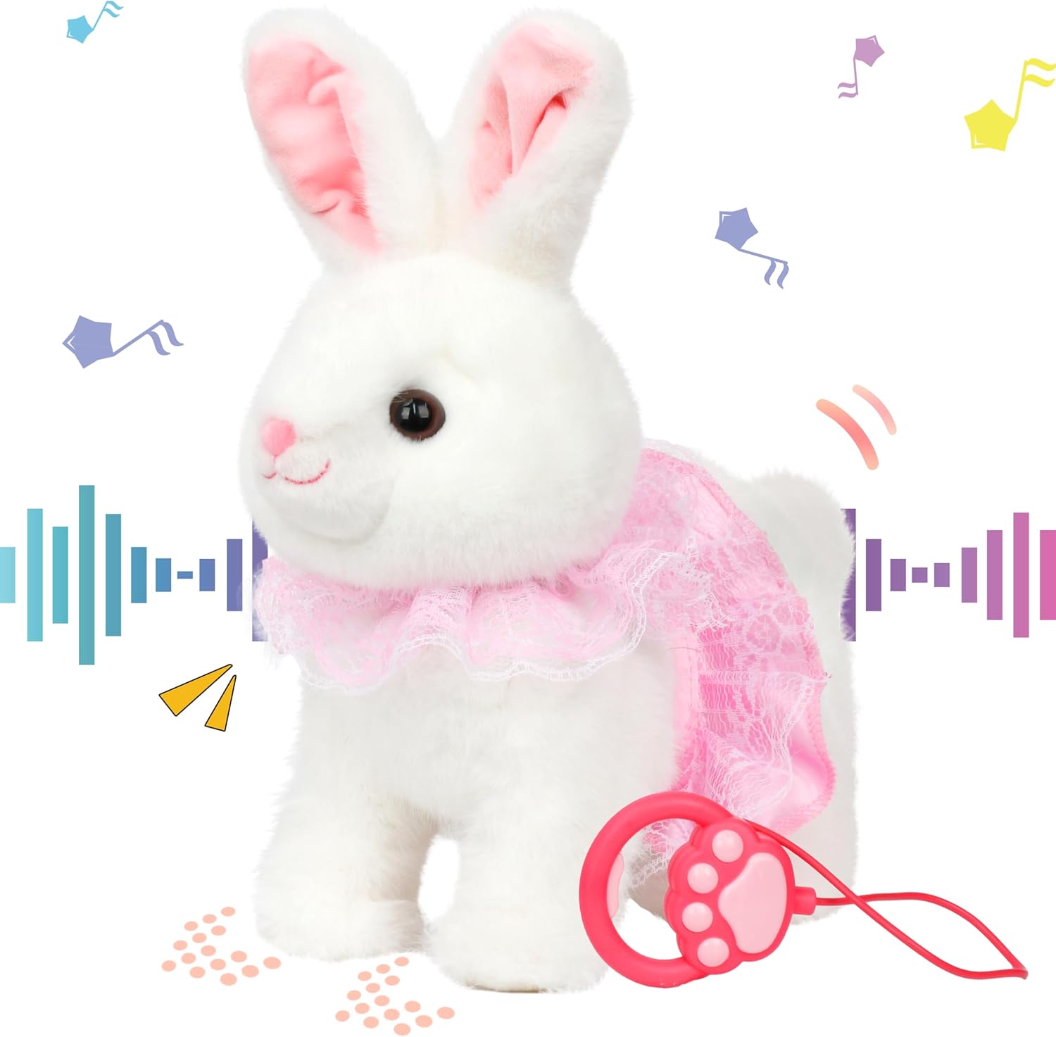 Hopearl Hopping Bunny Interactive Electronic Rabbit Toy Remote Control Leash Animated Pet Repeat What You Said Singing Gifts for Toddlers, White, 12''